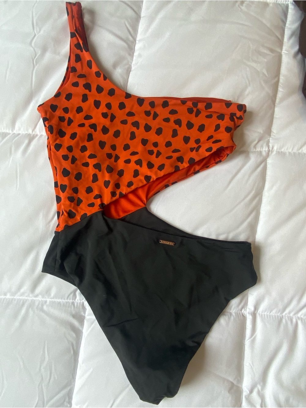 Asymmetric Orange Animal-Print & Black Cutout One-Piece Swimsuit